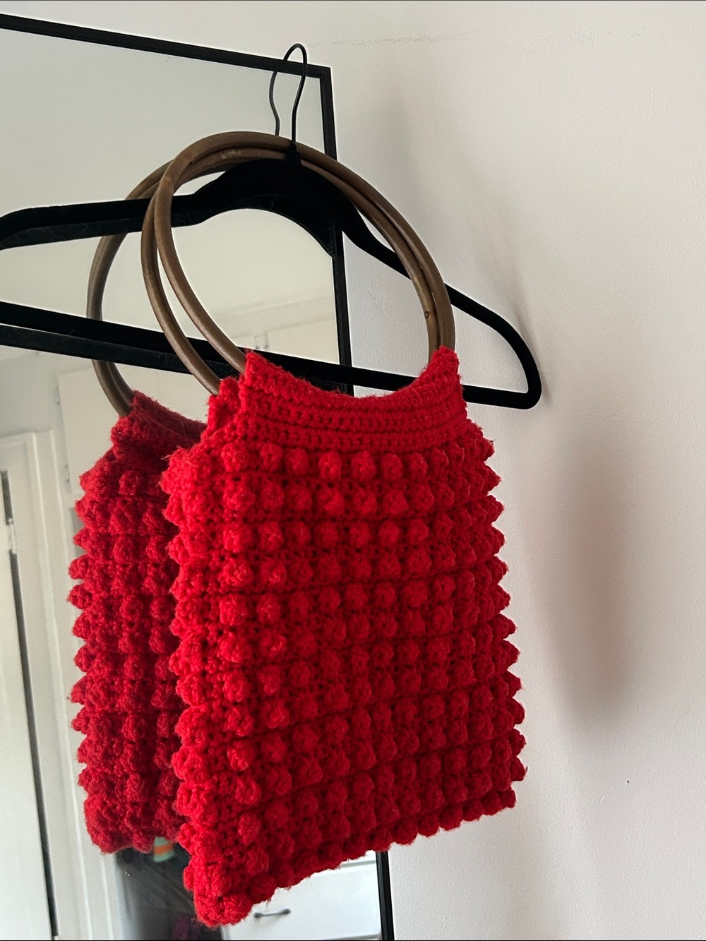 Red crochet handbag